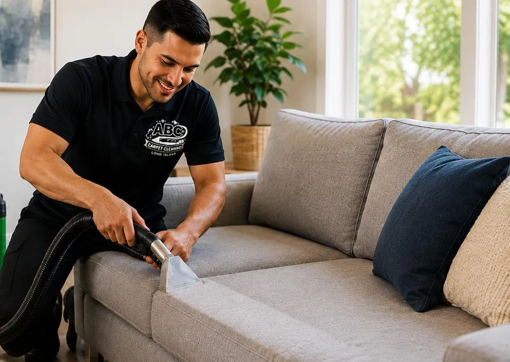 ABC Carpet Cleaning Long Island technician treating a carpet stain with pet-safe solution while a happy golden doodle watches — Cleaner. Faster. Better.