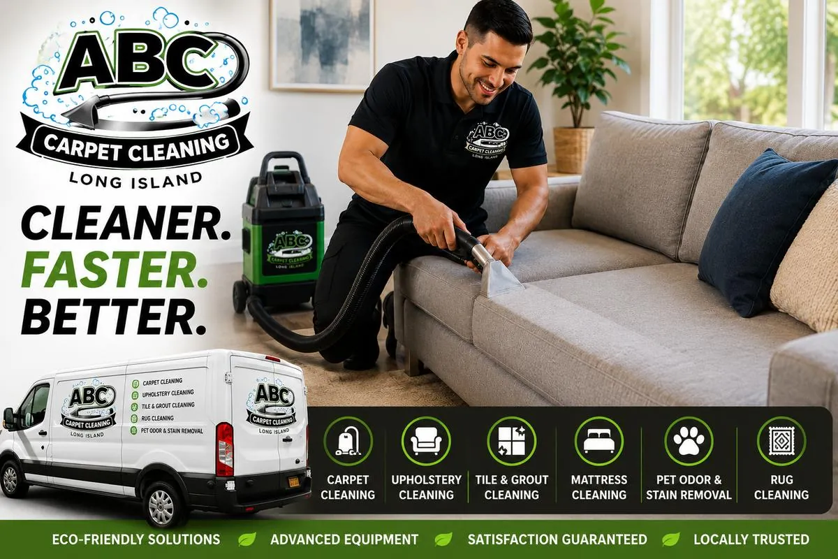 ABC Carpet Cleaning Long Island technician deep cleaning upholstery beside the branded ABC service van